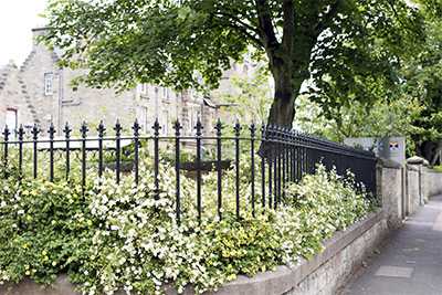 Jardin délimité par des palissades en métal